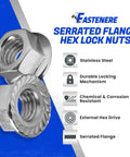 Heavy Duty Serrated Flange Nuts 1/2 Inch 20 Tpi 10 Pack Stainless Steel 18 8 hex lock nuts with serrated flange and hex drive.