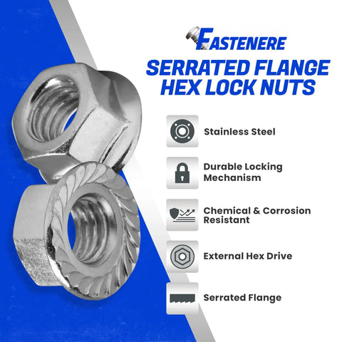 Heavy Duty Serrated Flange Nuts 1/2 Inch 20 Tpi 10 Pack Stainless Steel 18 8 hex lock nuts with serrated flange and hex drive.