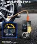 Cordless Tire Inflator Portable Air Pump With Digital Gauge And LED Light inflating car tire, showing digital display and PSI