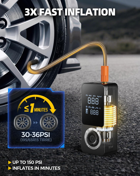 Cordless Tire Inflator Portable Air Pump With Digital Gauge And LED Light inflating car tire, showing digital display and PSI