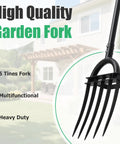 Heavy Duty 5 Tine Garden Fork With D Grip Handle 69 Inch Spading Fork displayed in backyard