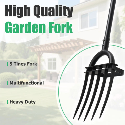 Heavy Duty 5 Tine Garden Fork With D Grip Handle 69 Inch Spading Fork displayed in backyard
