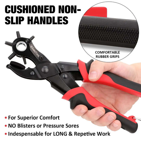 Heavy Duty Leather Hole Punch Set With Rotary Puncher Multi Size Belt Hole Maker Kit with cushioned grips shown in hand
