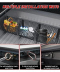 Heavy Duty Cargo Mesh Net Fits Tesla Cybertruck 2024 Through 2025 showing multiple installation methods for secure trunk organization.
