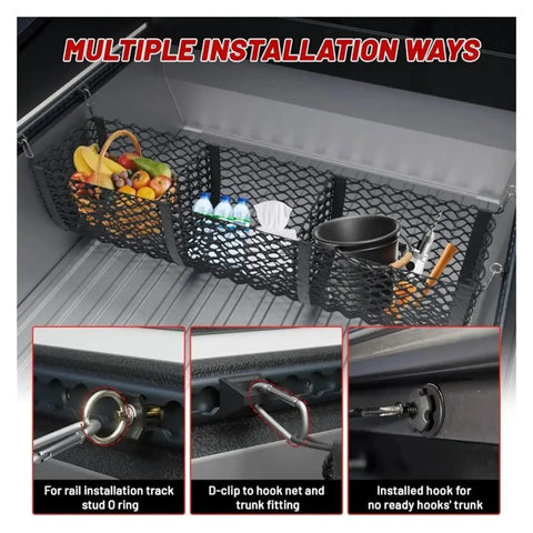 Heavy Duty Cargo Mesh Net Fits Tesla Cybertruck 2024 Through 2025 showing multiple installation methods for secure trunk organization.
