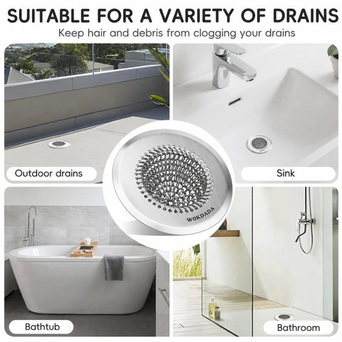 Easy Peasy Shower Drain Hair Catcher And Bathtub Drain Cover Featuring A Clever Chain Mesh Screen for various drain types.