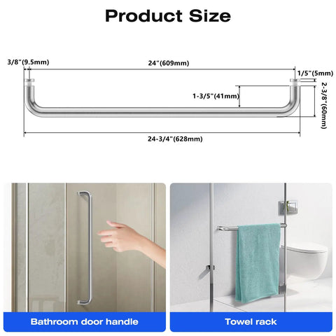 Knockout Finish Single Sided Shower Door Handle In Brushed Nickel, 24 inch for easy grip and towel hanging, dimensions illustrated.