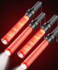 4 Pack 16 Inch LED Traffic Batons with White Tip Light, High Visibility Safety Wands, 3 Flashing Modes displayed on red background