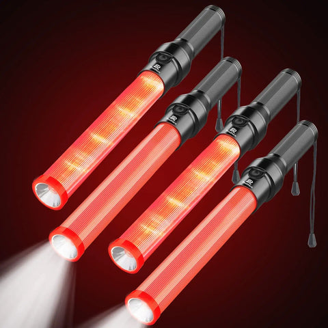 4 Pack 16 Inch LED Traffic Batons with White Tip Light, High Visibility Safety Wands, 3 Flashing Modes displayed on red background