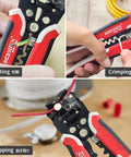 Automatic Wire Stripper Pliers With Self-Adjusting 3-In-1 Function visible cutting, crimping, and stripping wires up to 24 AWG.