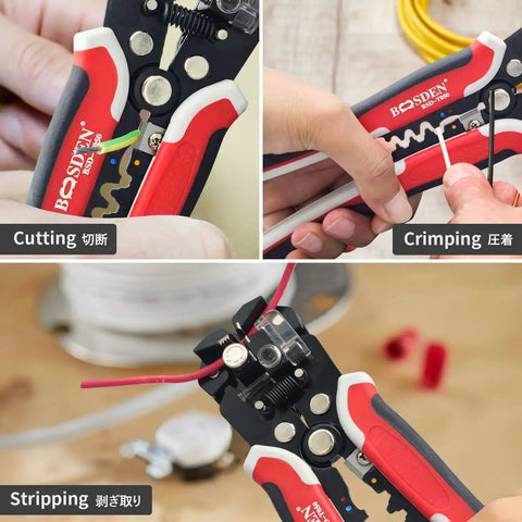 Automatic Wire Stripper Pliers With Self-Adjusting 3-In-1 Function visible cutting, crimping, and stripping wires up to 24 AWG.