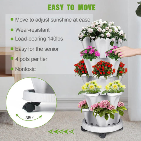 Vertical Strawberry Planter With 5 Tier Stackable Tower displaying flowers on wheels for easy movement and space saving