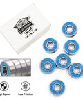 Front view of a 20-pack blue 608RS skateboard bearings with chrome steel, double rubber sealed, Deep Dream Bearing box