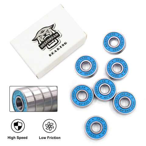 Front view of a 20-pack blue 608RS skateboard bearings with chrome steel, double rubber sealed, Deep Dream Bearing box