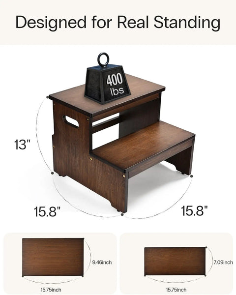 Rock Solid Bamboo Two Step Stool For Adults And Seniors 400 Pound Heavy Duty Workhorse With Non Slip Pads and Extra Wide Standing Platform, showing dimensions and weight capacity.