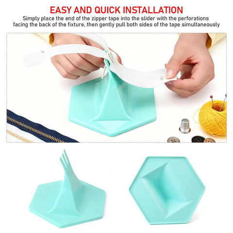 Zipper Jig Tool For Quick Zipper Repair Size 3 And Size 5 Easy Install for pants, dresses, jackets; shown in turquoise, close-up of use.