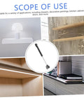 Gas spring hinge for soft-close cabinet doors; center close-up showing metal rod and cylinder.