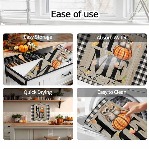 Thanksgiving Dish Drying Mat For Kitchen Counter With Maple Leaves Owl Design absorbent microfiber cushioned pad