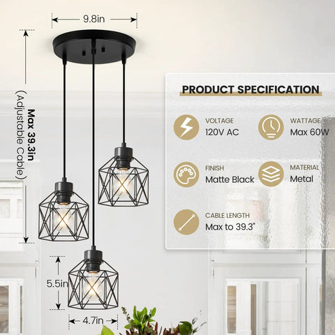 Three Light Adjustable Pendant Light Fixture With Long Cord, Super Easy Custom Height Setup For Kitchen And Dining Room showing matte black metal design and adjustable height.