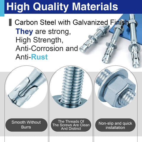 High quality Five Sixteenth Inch By Four Inch Concrete Anchor Bolts Set Of Ten Wedge Anchors With Nuts And Washers ASTM A36