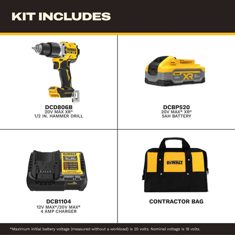 Pro Grade Brushless Cordless Hammer Drill Kit Paired With Half Inch Chuck And Five Amp Hour Battery Plus Lightning Charger includes drill, battery, charger, and contractor bag.