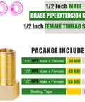 Brass 1/2 in pipe extension set with 1/2 in NPT male-to-female adapters (30/40/50 mm) and sealing tape