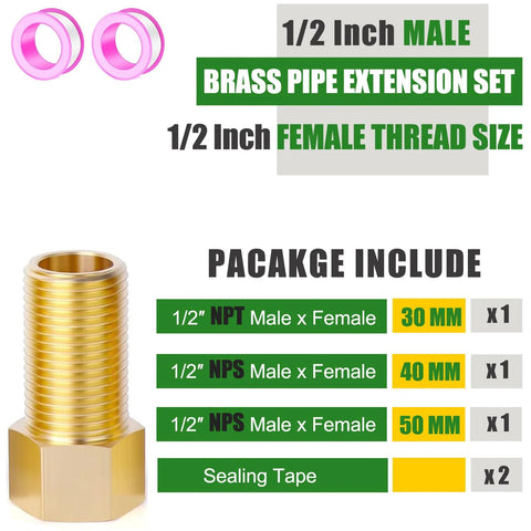 Brass 1/2 in pipe extension set with 1/2 in NPT male-to-female adapters (30/40/50 mm) and sealing tape