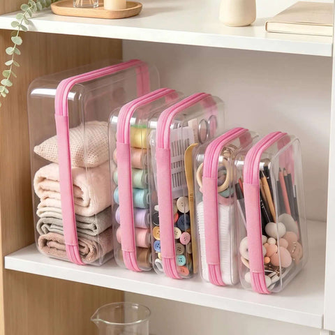 Straight Up Heavy Duty Clear Hard Shell Zipper Cases, Major Game Changer Diaper Bag Organizers, Smooth Travel Storage Pouches For Zero Fuss Baby Essentials Organization on shelf with various supplies.
