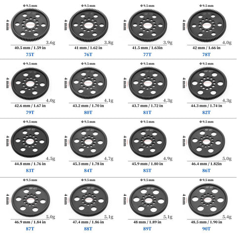 Ultra Smooth 48P POM spur gear set for RC cars featuring multiple sizes from 75T to 90T for optimal performance and quiet operation.