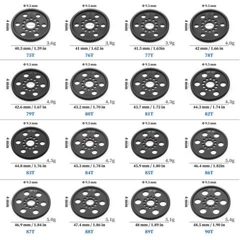 48P High-Precision POM Spur Gear Set 76T 78T 80T 82T for Sakura RC Drift Touring 1-10 Cars, CNC machined gears displayed in rows
