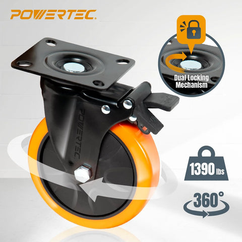 POWERTEC 6-inch swivel caster wheels, set of 4 with dual locking brakes, orange wheels for heavy equipment carts