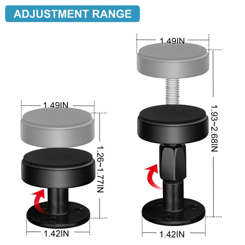 Black Adjustable Bed Frame Stabilizers With No Sweat Mounts For Quiet Sleep And Wall Protection, showing adjustment range.