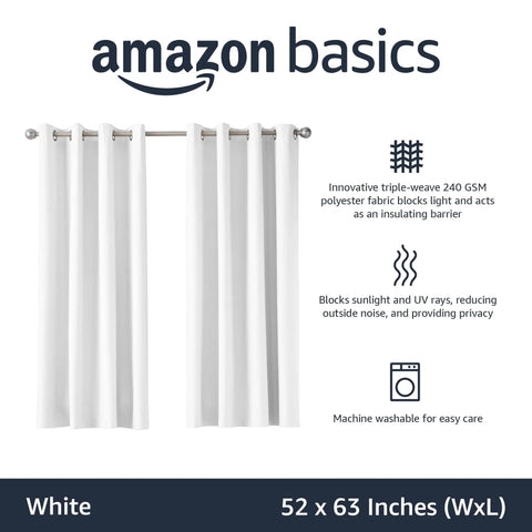 Room Darkening Blackout Curtain Panels With Grommets Set Of 2 White 52 By 63 Inches for privacy and light reduction hanging on rod.