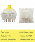 Milky Yellow Pro V3 Linear Keyboard Switches, Pre-Lubed 50gf Actuation, 5 Pin, shown front and back with specifications in view.