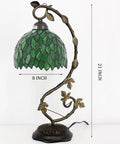 Green Tiffany Style Stained Glass Desk Lamp With Wisteria Pattern, 21 Inch Tall Table Light, Metal Leaf Base In Bronze Finish