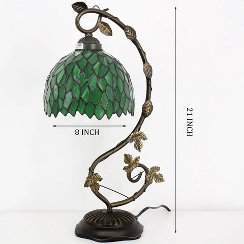 Green Tiffany Style Stained Glass Desk Lamp With Wisteria Pattern, 21 Inch Tall Table Light, Metal Leaf Base In Bronze Finish