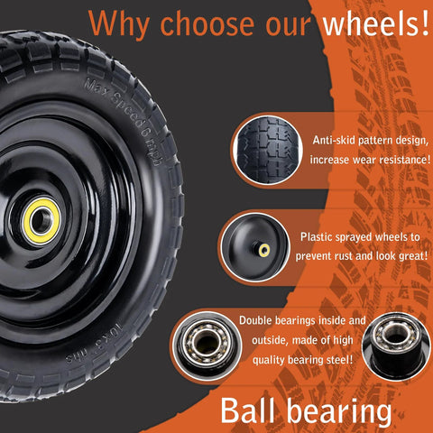 Side view of a 10-inch solid rubber tire and wheel for garden carts; shows 3/4-inch bearings and 2.17-inch offset hub.