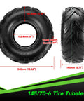 145/70-6 Tubeless Tire For Mini Bikes And ATVs, Wide Fit For Coleman CT100U shown from front and side with measurements