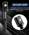 Close-up of 9 Piece Socket Adapter Extension Set With Quarter Inch Hex Shank showing a secure grip and spring-loaded ball detent.