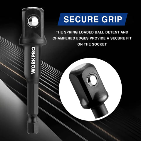 Close-up of 9 Piece Socket Adapter Extension Set With Quarter Inch Hex Shank showing a secure grip and spring-loaded ball detent.