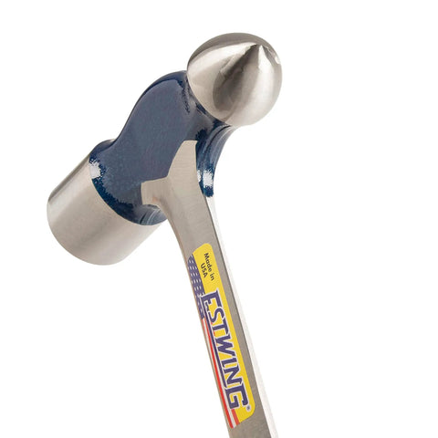 Close-up of the 32 Oz Ball Peen Hammer for Metalworking, Forged Steel Construction, Shock Reduction Grip, USA Made Mechanic Tool.