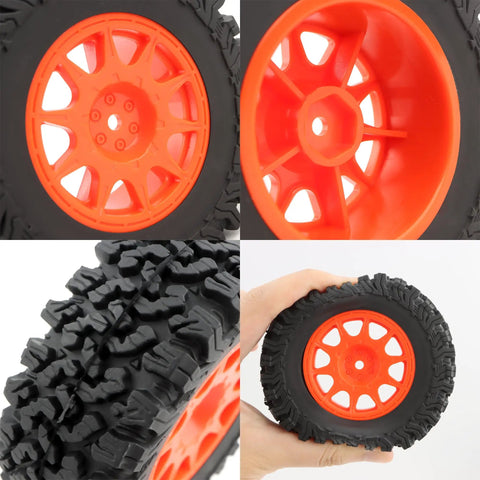 Four Piece RC Rubber Tire Wheel Set For One To Twelve Scale H12Y H12P H12Y Plus MN82 MN128 MN82S RC Rock Crawler Cars Red Replacement Accessory Set, close-up of red and black tire