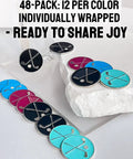 48 Pack Golf Ball Markers In Assorted Patterns With Four Vibrant Colors And 12 Per Color For Easy Identification Hat Clip And Divot Tool Golf Accessories Set For Men And Women Great Gift For Golfers displayed on textured surface