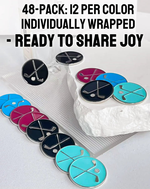 48 Pack Golf Ball Markers In Assorted Patterns With Four Vibrant Colors And 12 Per Color For Easy Identification Hat Clip And Divot Tool Golf Accessories Set For Men And Women Great Gift For Golfers displayed on textured surface