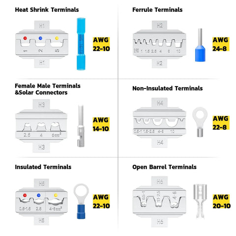 6 In 1 Ratcheting Crimping Tool Kit With Wire Stripper And 6 Interchangeable Dies For Heat Shrink Insulated Non Insulated Ferrule Open Barrel Connectors Ideal For DIY Home And Professional Electrical Wiring showing dies for AWG 22-10 and 24-8.