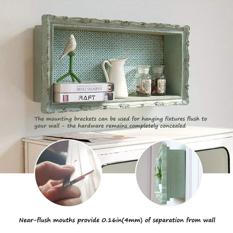 Built Like A Tank Aluminum French Cleat Picture Hanger 18 Inch Set with smooth shelf holding decorative items on wall.