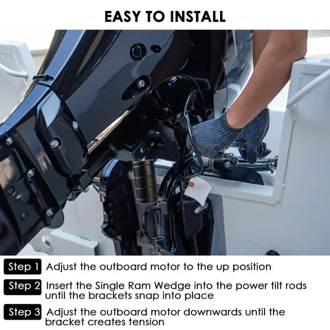 Side view of outboard motor transom saver with a single ram wedge; black metal bracket mounted to boat transom
