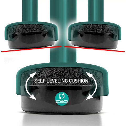 Close-up of black non-marking furniture feet protectors with self-leveling feature, highlighting smooth glides.