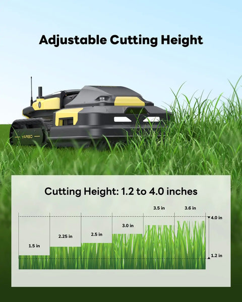 Beast Robot Lawn Mower For Large Yards Up To Six Acres With AI Vision RTK showing adjustable cutting height 1.2 to 4 inches