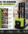 Heavy-Duty Electric Stand-On Pallet Stacker With Two-Stage Mast And 1.5-Ton Capacity in a warehouse environment for efficient material handling.